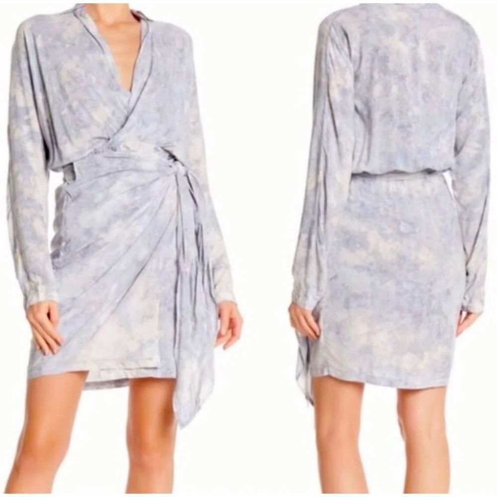 YFB long sleeve navy blue tie dye collared wrap dress boho mini sz small